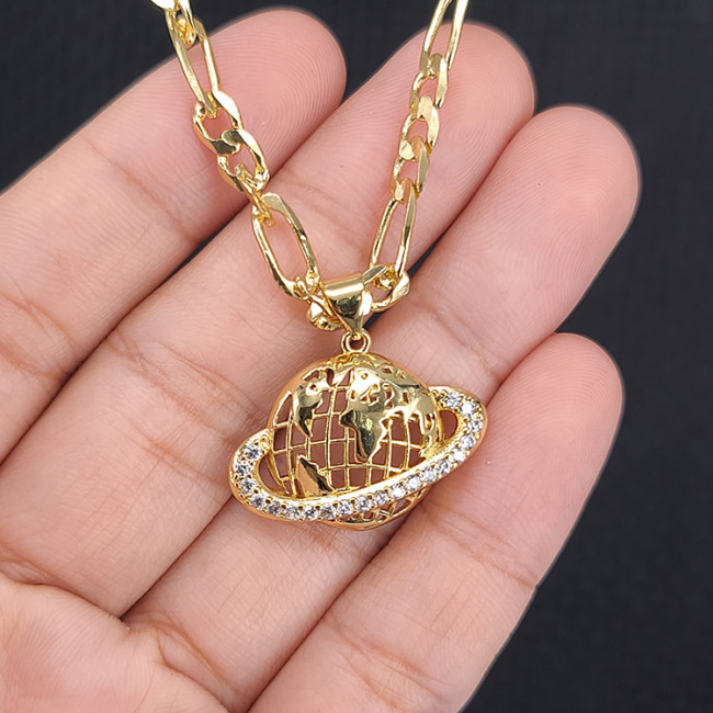 NZ1297 Fashion Gold Plated Diamond Micro Pave CZ Saturn Planet Pendant with Figaro Chain Necklace