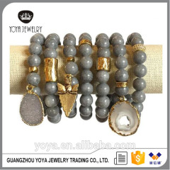 BRB1385 Fashion Gold Plated Hammered Tube Bracelets,Grey Jade Beaded Bracelet with Arrowhead charm