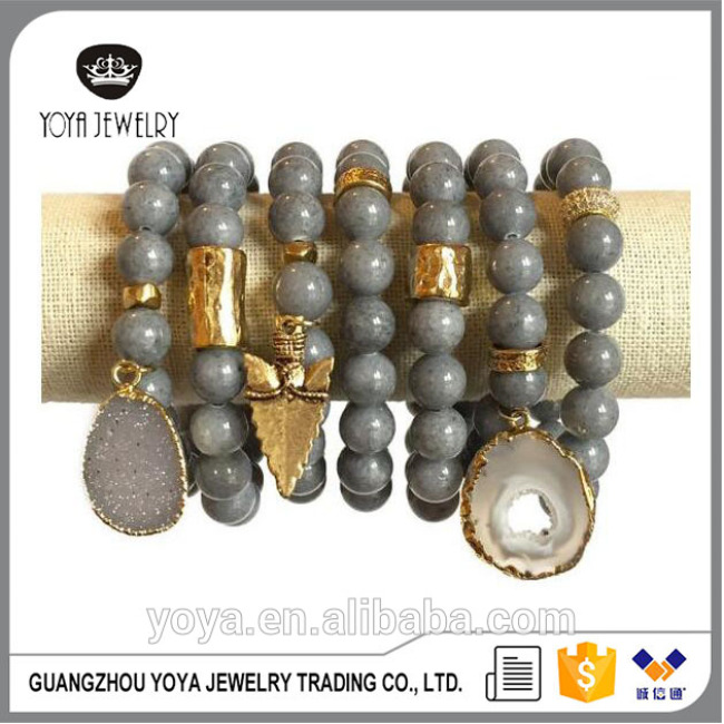 BRB1385 Fashion Gold Plated Hammered Tube Bracelets,Grey Jade Beaded Bracelet with Arrowhead charm