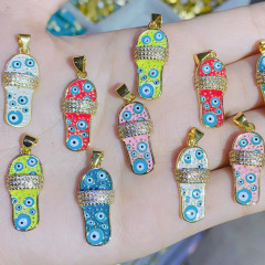 CZ8532 Fashion 18K Yellow Gold Plated Enamel Rainbow Evil Eyes CZ Flip Flop Slipper Charm Pendant