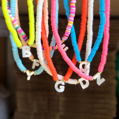 NC1093 Fashion Dainty Rainbow Polymer Clay Heishi Beaded White Shell Alphabet Initial Letter Charm choker necklace