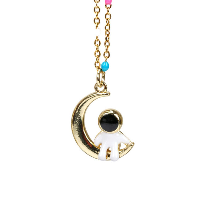 NM1242 Fashion Black White Enamel Space astronauts Pendant Rainbow Enamel Gold Plated Stainless Steel Chain Necklace