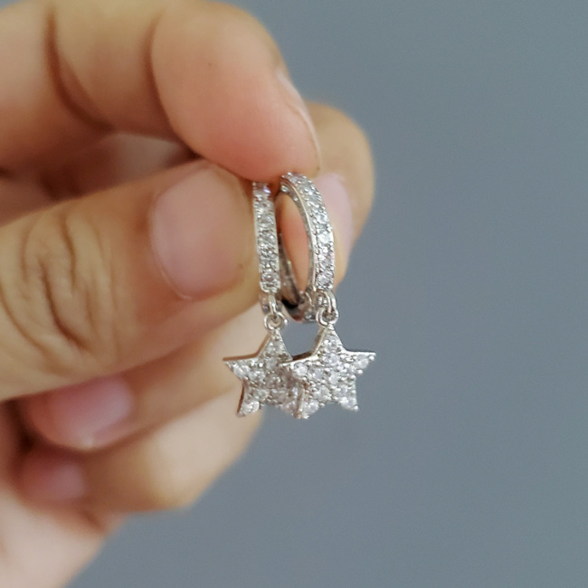 EC1711 Chic Dainty Mini Gold Plated Mini CZ Micro Pave Star Dangle Charm Earrings with huggie hoops