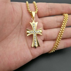 NS1144 hiphop 18K gold plated stainless steel box chain necklace, charm stainless steel CZ cross pendant men necklace