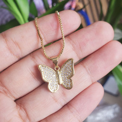 NZ1200 Trendy charm butterfly pendant women necklace ,fashion shiny cubic zircon charm box chain ladies necklace