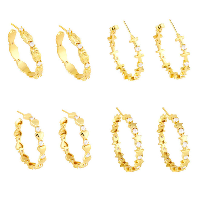 EC1799 2021 Chic 18k Gold Plated CZ Micro Pave Cross Virgin Mary Curb Link Chain Smiley Star Hoops Earring for Women