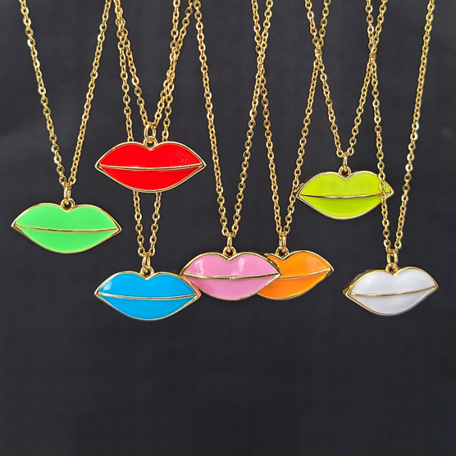 NM1189 18K Gold Plated Colored Enamel Neon Red Pink Lip Pendant Stainless Steel Chain Necklace