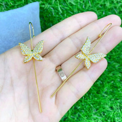 EC1744 CZ Pave Daisy Ear Wrap Crawler Hook Earring Modern Cane Ear Climber, Gold-plated Butterfly Edgy Ear Pin Cuff Earring