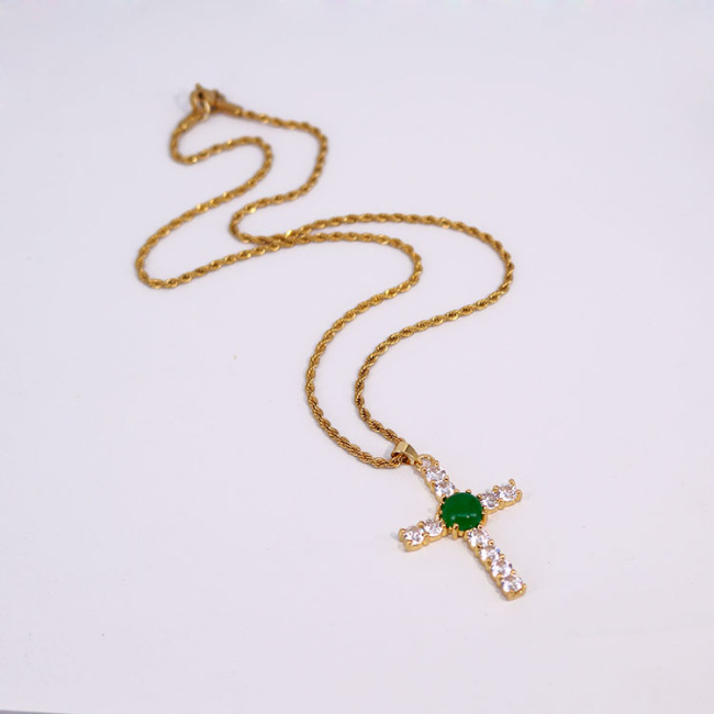 NN1136 Stainless Steel Chain Round Disc Natural Jade Cross Necklace Chinese Style Lucky Jewelry Jade Necklace