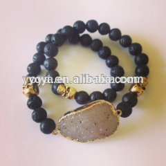 BRH1238 Fashion Double Wrap Double Wrap Black Lava Stone Beaded Druzy Stretch Bracelet With Gold Skull BRH1238 Fashion Double Wrap Double Wrap Black Lava Stone Beaded Druzy Stretch Bracelet With Gold Skull