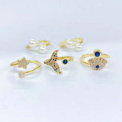 RM1410 Dainty Adjustable 18K Gold Plated CZ Paved Star Evil Eyes Mermaid Tail Pearl Statement Rings for Ladies