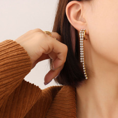 ES1098 2022 New Dainty Chic Fashion Stainless Steel Gold CZ Micro pave Tassel Fringe Eveyday Earrings for Women