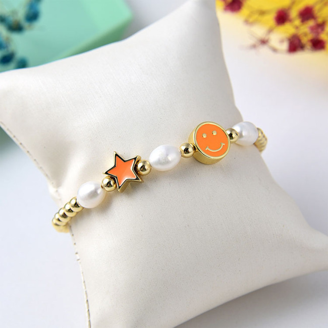 BB1033 Macrame 2021 design tiny 18k gold accent ball bead genuine freshwater pearl beaded Enamel Star Smiley Adjustable Bracelet