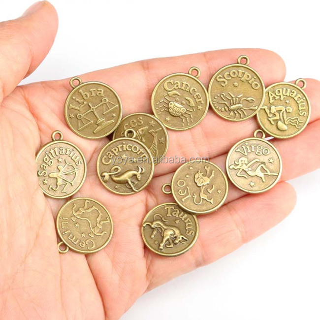 JS1331 High quality antique bronze horoscope disc charm,zodiac astrology pendant for birthday gift