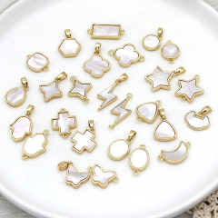 JF7335 Dainty White Shell Round Oval Teardrop Square Pendants,Tiny Gold Bezel Shell Star Butterfly Moon Lightning Charm Pendant
