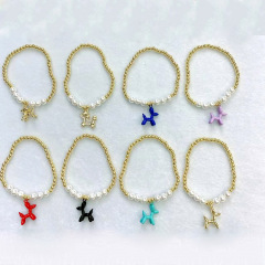 BM1061 4MM Gold Beads & White Shell Pearl Beaded Elastic Bracelet with Neon Enamel Balloon Puppy Dog Charms for Ladies