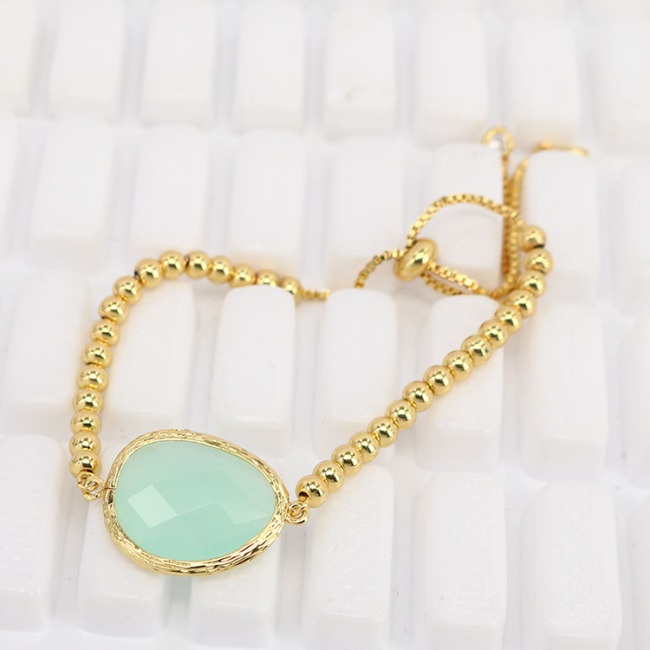 BN4017  Chic Women's Faceted Cat's Eye Gemstone Gold Bezel Wrapped Charm Bracelet with Small 4mm Gold Beads Adjustable Chain