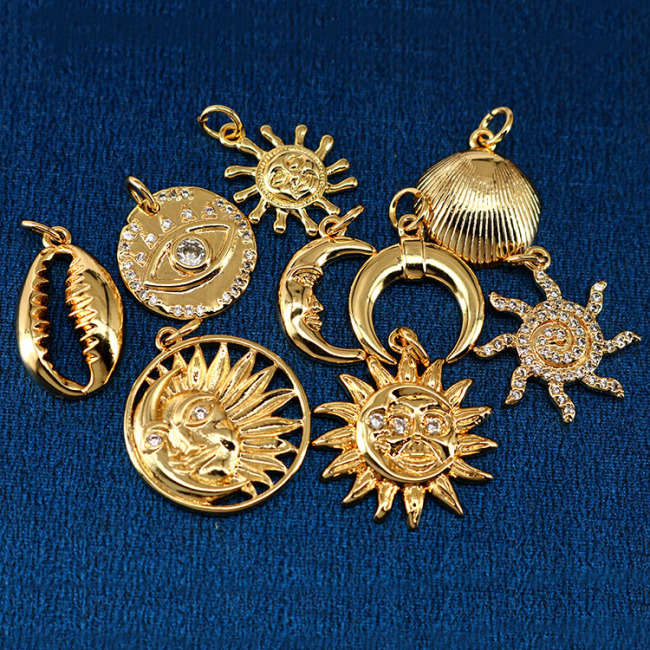 CZ8195 Dainty Assorted 18k Gold Plated CZ Micro Pave Evil Eyes Disc Starfish Moon& Star Whale Tail Charm Pendants