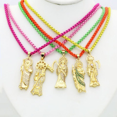 NZ1323 18K Gold Plated CZ Paved Saint Jude San Judas Tadeo Pendant Enamel Box Chain Catholic Jewelry, Religious Necklace