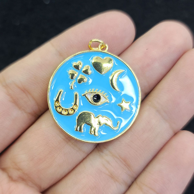 JS1607 2021 Big Large gold plated Enamel Rainbow Multicolor Heart Horseshoe Elephant evil eyes star Assroted Charm Disc pendants