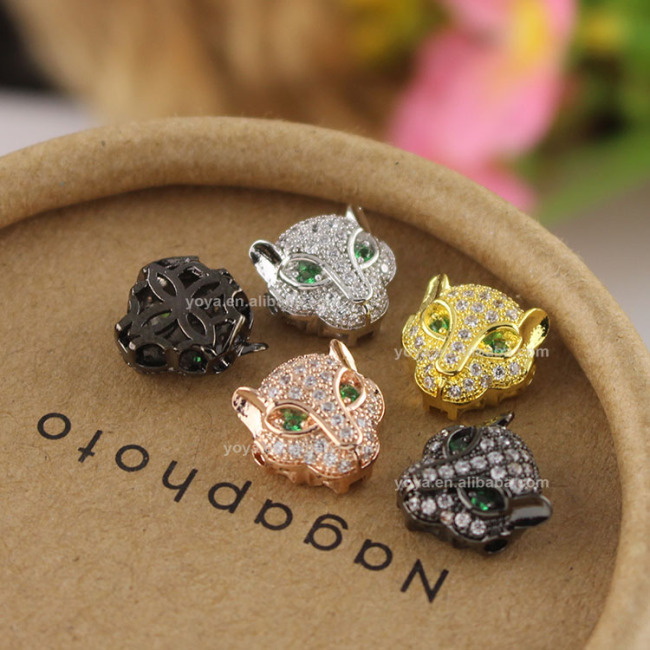 CZ6646 Silver,gold,rose gold,black CZ micro pave leopard head beads for men bracelets