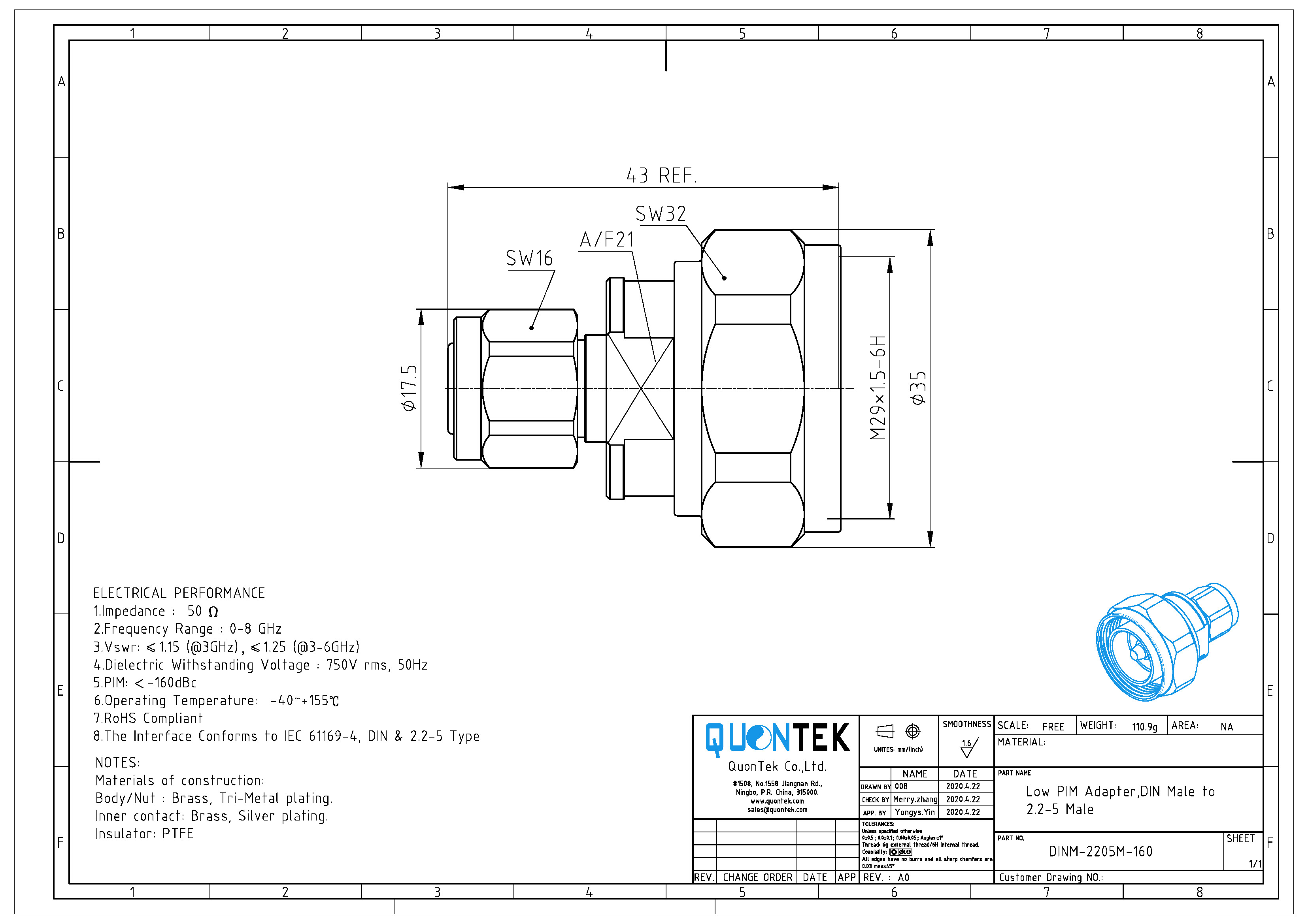 Low PIM Adapter,DIN male to 2.2-5 male