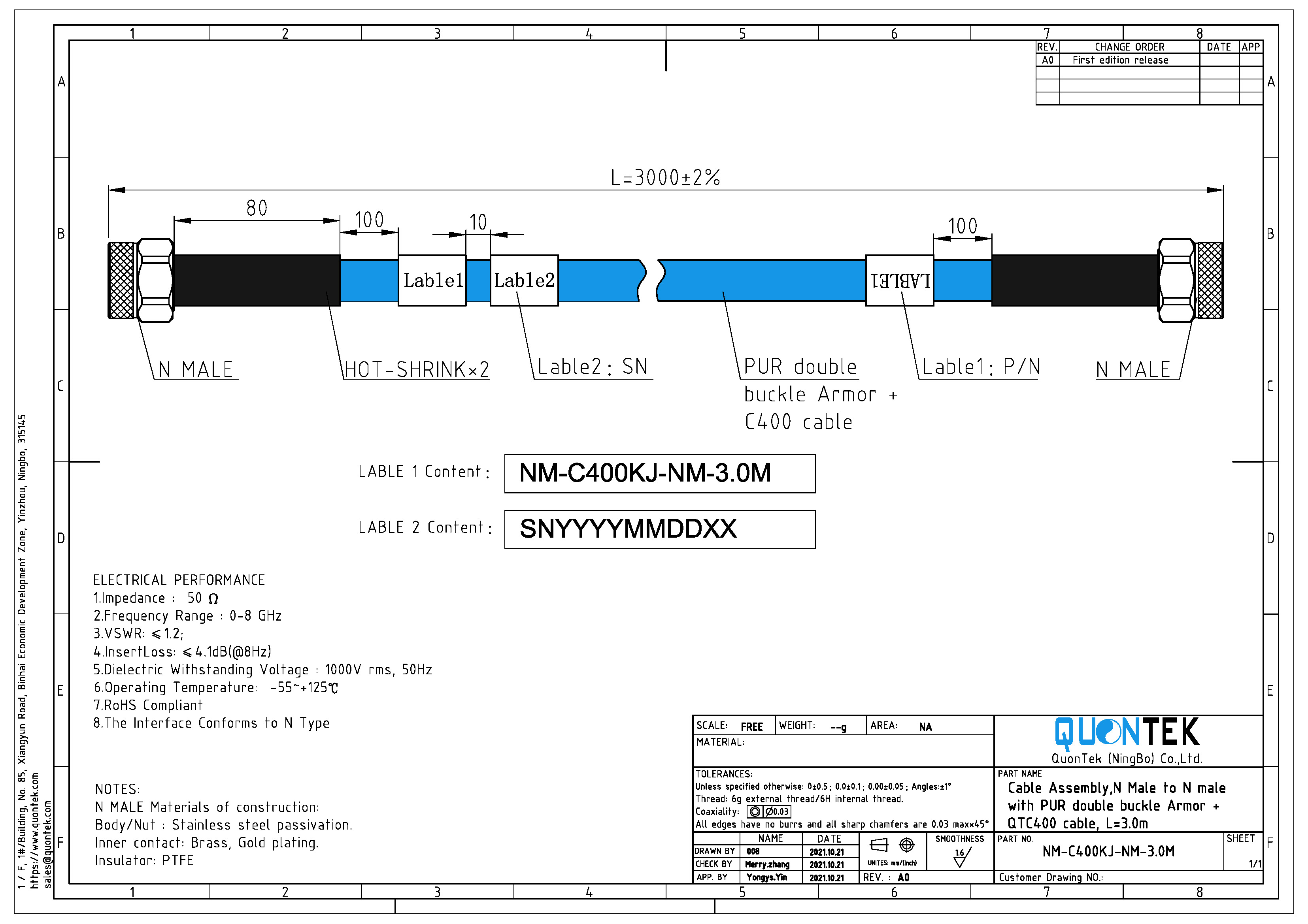 Test cable Assembly,N male to N male to 8GHz,with Armor,the length can be customized.