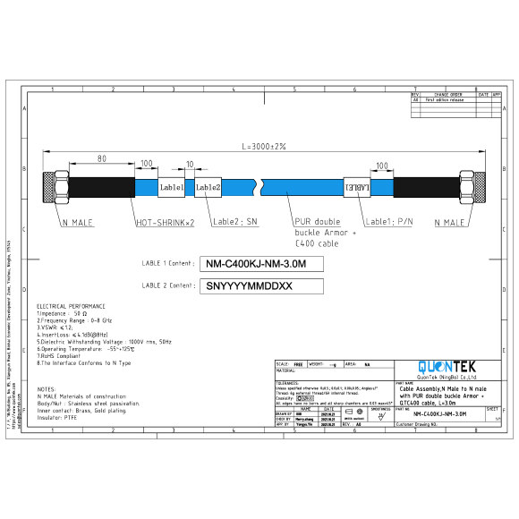 Test cable Assembly,N male to N male to 8GHz,with Armor,the length can be customized.