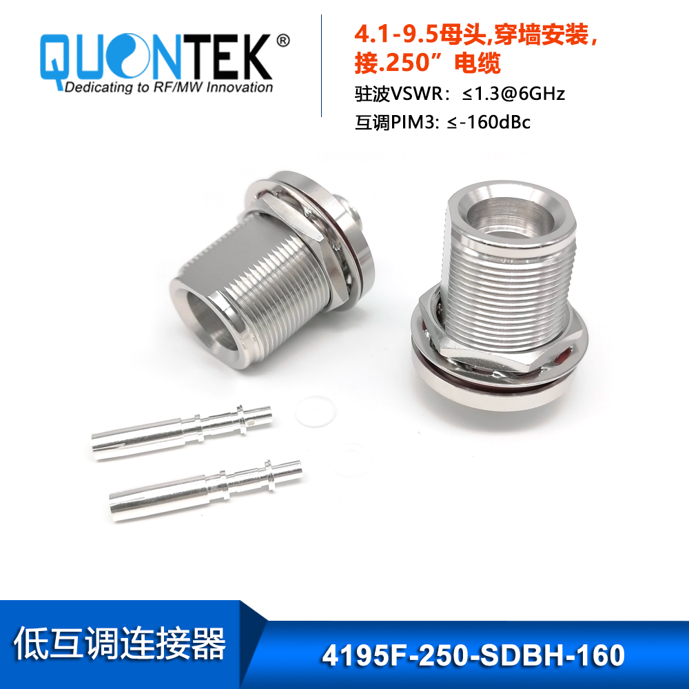 Low PIM Connector,4.1-9.5 female,.250"/RG401/SF250 Cable,Solder Type,Bulkhead mounted