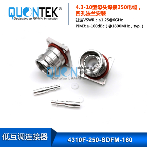 Low PIM connector,4.3-10 Female,.250"/RG401 cable,solder type,Flange mounted Low PIM connector,4.3-10 Female,.250"/RG401 cable,solder type,Flange mounted