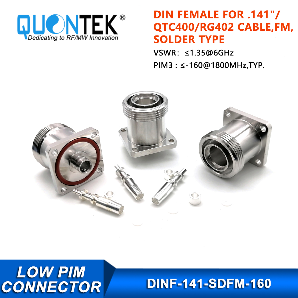 Low PIM Connector,DIN female,Flange mounted,.141"/RG402/QTC400 Cable,Solder Type