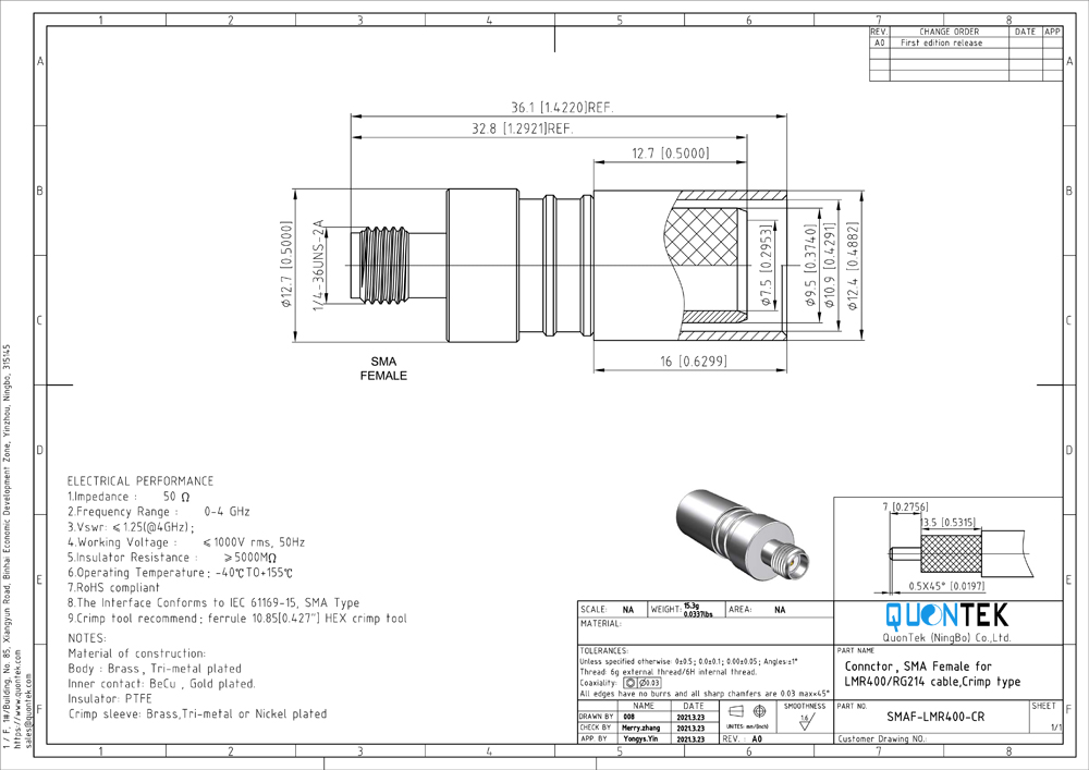 Connector,SMA female for LMR240 cable,Crimp type Bulkhead mounted