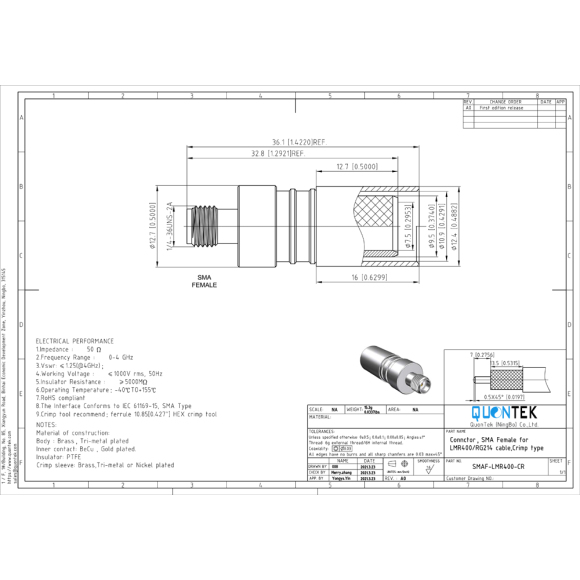 Connector,SMA female for LMR240 cable,Crimp type Bulkhead mounted