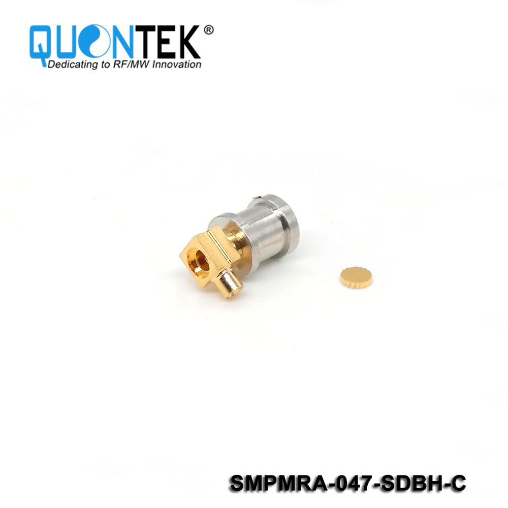 Standard connector,SMP R/A male for .047" cable,Bulkhead mounted, solder type, Catchers mit type