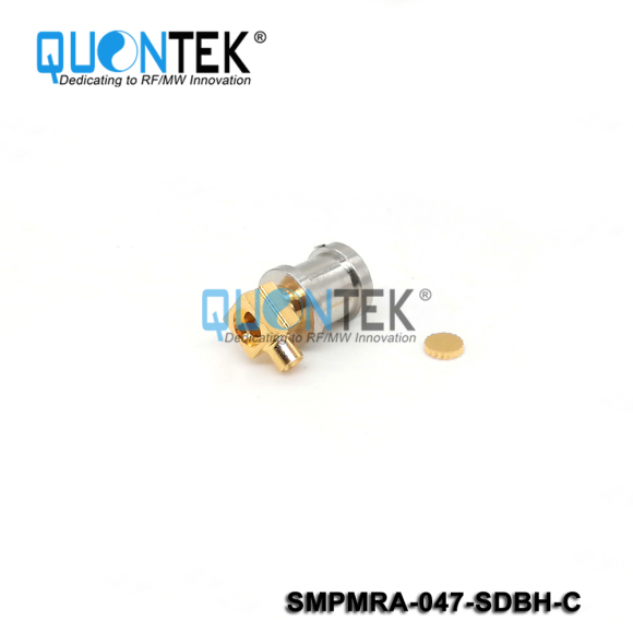 Standard connector,SMP R/A male for .047" cable,Bulkhead mounted, solder type, Catchers mit type