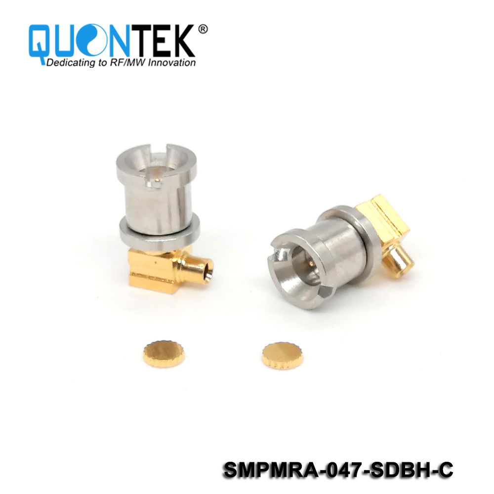 Standard connector,SMP R/A male for .047" cable,Bulkhead mounted, solder type, Catchers mit type