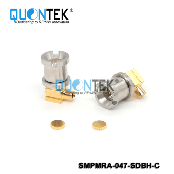 Standard connector,SMP R/A male for .047" cable,Bulkhead mounted, solder type, Catchers mit type