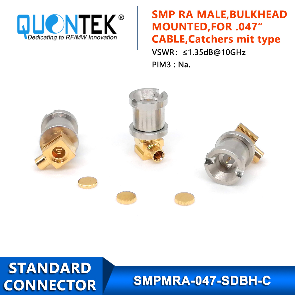 Standard connector,SMP R/A male for .047" cable,Bulkhead mounted, solder type, Catchers mit type