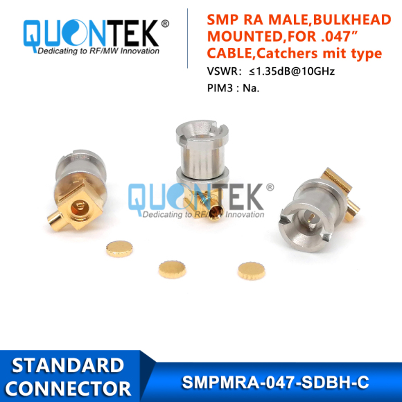 Standard connector,SMP R/A male for .047" cable,Bulkhead mounted, solder type, Catchers mit type Standard connector,SMP R/A male for .047" cable,Bulkhead mounted, solder type, Catchers mit type
