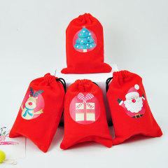 Paquete rojo creativo bolsillo patrón navideño decoración franela regalo bolsa con cordón bolsa de almacenamiento de regalo de Navidad en stock