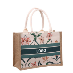 OEM/ODM Factory price Popular large fashion lady latest custom logo printed summer jute linen tote beach bag with leather handle