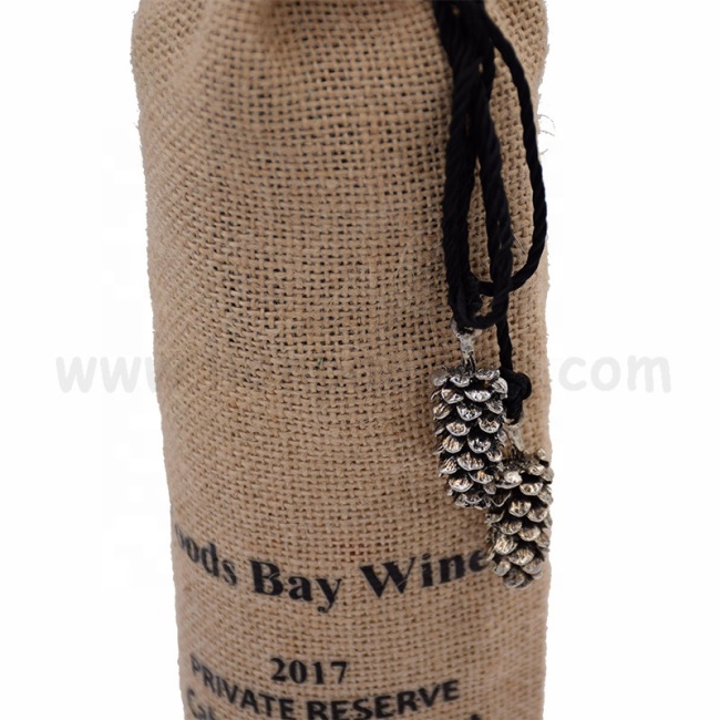 Custom logo printing burlap party wedding gift pouch jute promotional single wine bottle bags