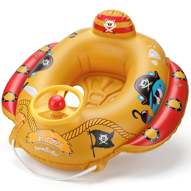 Inflatable Pirate Boat Pool Float, Squirt Gun & Steering Wheel with Horn, Swim Seat Boat Toddlers and Children's Toys for Age 1-4 Years Old
