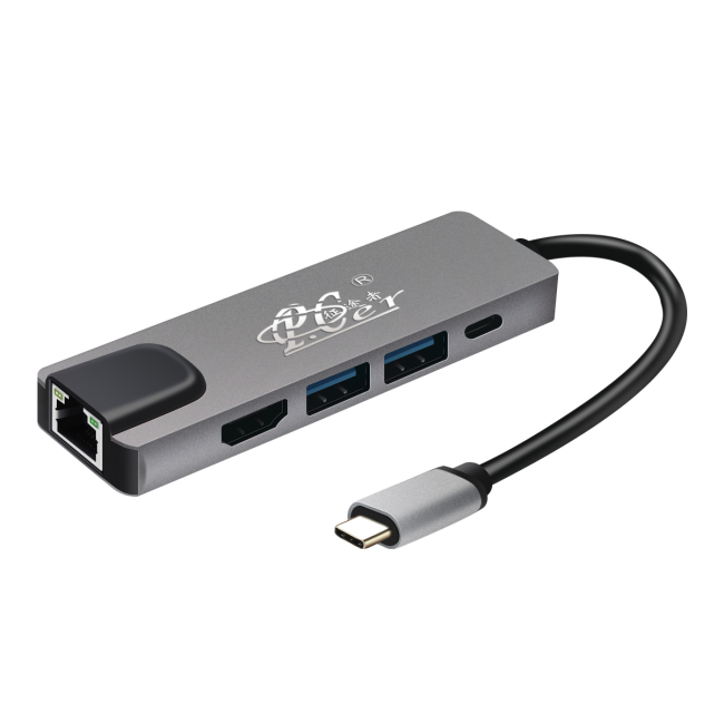 Конвертер PCER Black Multi-function Type-C в HDMI, LAN и USB-адаптер 5 в 1