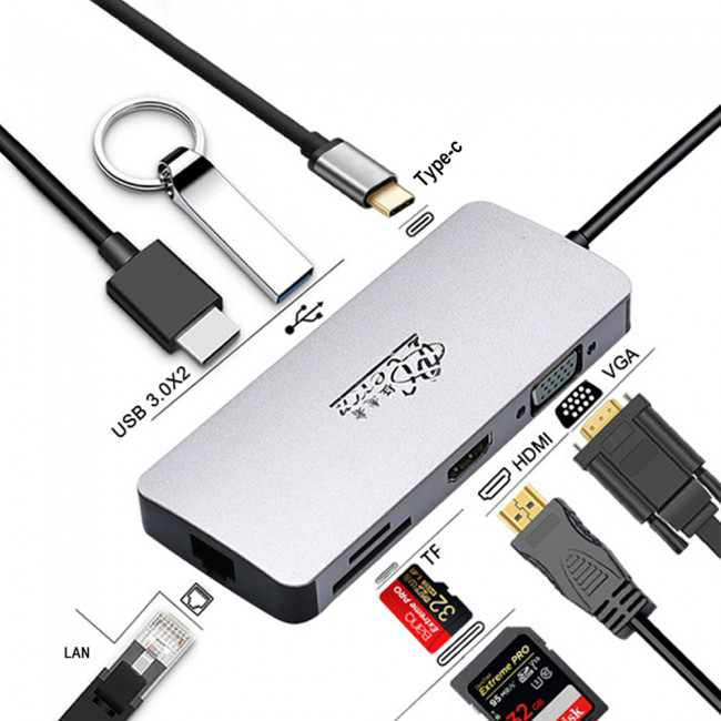 Концентратор USB C к USB3.0 HDMI VGA RJ45 Gigabit Ethernet SD / TF PD адаптер для зарядки Док-станция USB C преобразователь концентратора типа c 8 в 1