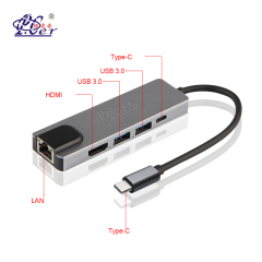 PCER Black Multifunción Tipo-C Hub a HDMI y LAN y Adaptador USB Convertidor 5 en 1