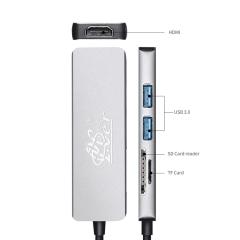 PCER Schwarzer Multifunktions-Typ-C-USB-Hub-Adapter zum Lesen von HDMI- und TF-SD-Karten und USB-5-in-1-Konverter