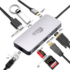 HUB USB C a USB3.0 HDMI VGA RJ45 Gigabit Ethernet SD / TF Adaptador de carga PD Estación de acoplamiento USB C convertidor de concentrador tipo c 8 en 1