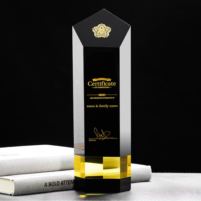Custom design wholesale special cylinder crystal trophy /black trophies and awards carved etched for souvenirs gifts