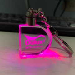 Kreditgarantie Benutzerdefinierte 3D-Lasergravur D-Form Logo LED-Licht Kristall Glas Schlüsselring für Souvenir Geschenk